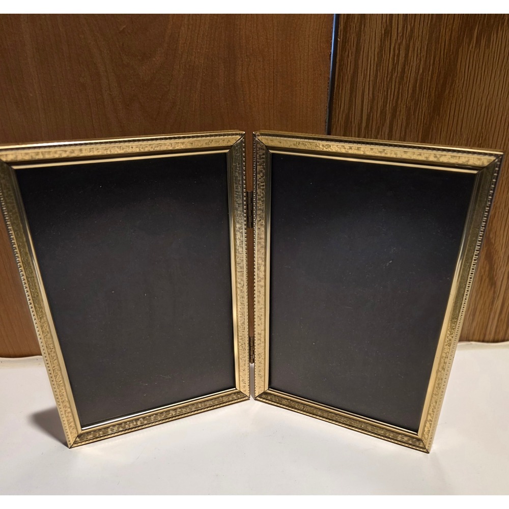 Vintage Gold Double Folding Picture Frame Hinged Metal Beaded 5x7 Portrait